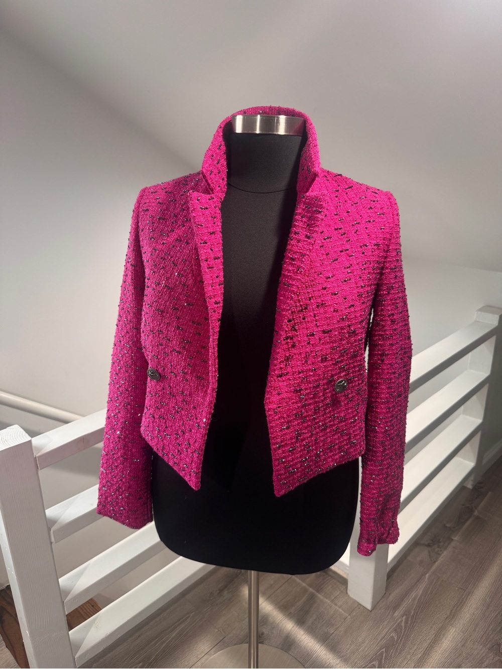 BCBG Hot Pink Tweed Cropped Blazer